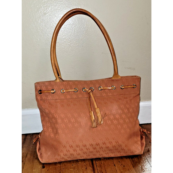 Dooney and Bourke Large Purse Orange Signature DB Canvas Leather Vintage Brown - Picture 1 of 16
